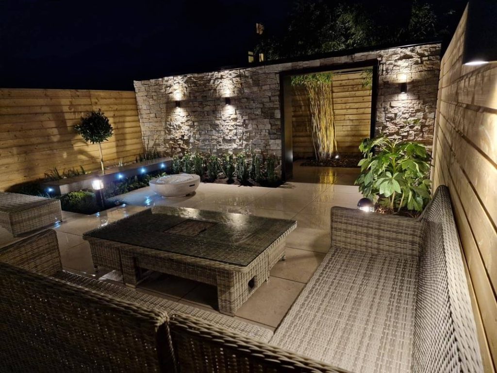 Gardenviews-garden- with raised flowerbed and fire pit.
